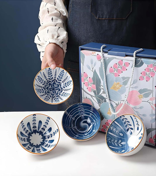 Ceramic Plates and Bowls Set, Japanese Style Dinnerware Set with Gift Box - Blue and White - 4 Rice Bowls and 2 Pasta Bowls - Kitchen Gifts for Women