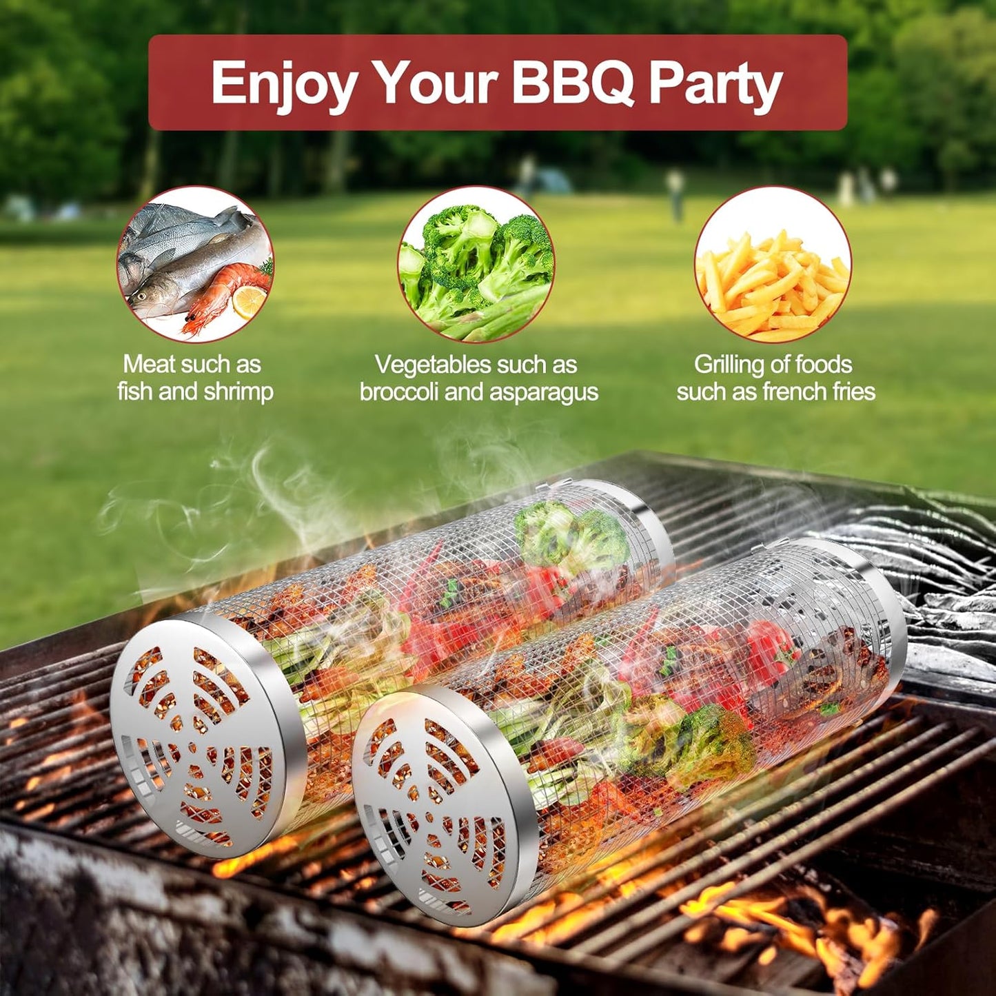 Grill Basket 2 PCS, Rolling Grill Baskets for Outdoor Grill, Grilling Accessories, Stainless Steel BBQ Net Tube Baskets with Oil Sprayer for Veggies, Shrimp, Grilling Gifts for Men