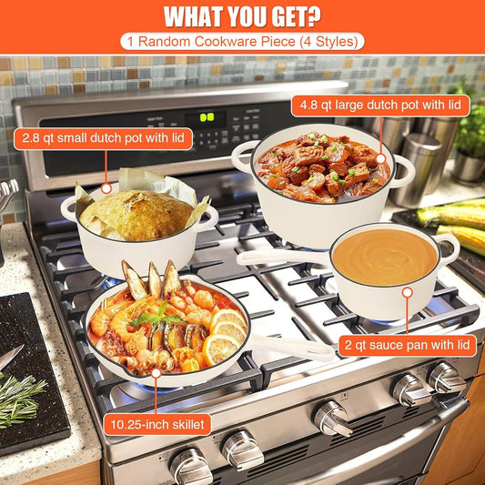 1 Piece Random Nonstick Enameled Cast Iron Pan/Pot (4 Styles: 10.25" Skillet/2Qt Saucepan/2.8Qt/4.8Qt Dutch Oven) – Healthy round Pot for Sourdough Bread Baking on All Stovetops, Mystery Cookware Box