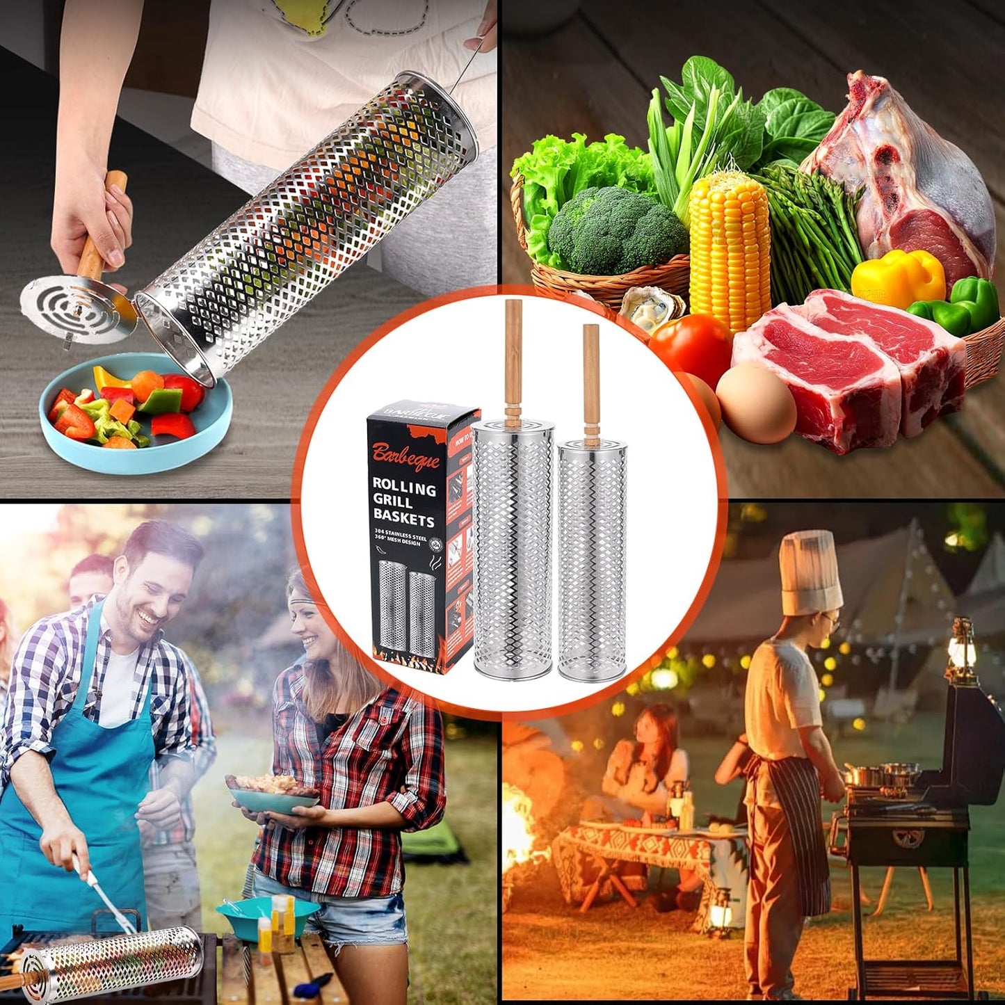 Rolling Grill Baskets(2 PCS),304 Stainless Steel with Removable Wooden Handle, Rolling Grilling Net for Vegetables, Shrimp, Fish, BBQ Accessories for Outdoor Cooking, Camping, Birthday Gifts for Men, Dad, Husband
