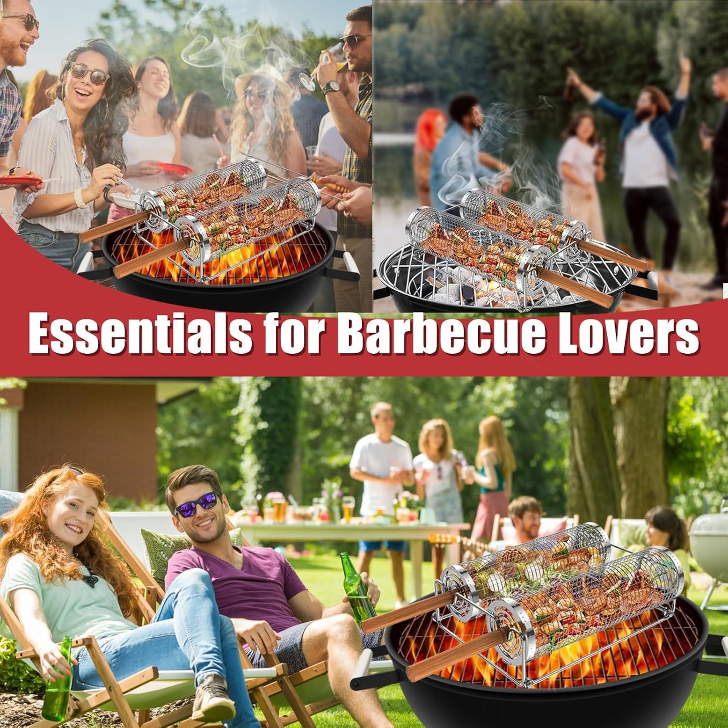 Grill Baskets for Outdoor Grill, Rolling Grill Basket with Removable Wooden Handle & Stand, Stainless Steel Grilling Accessories for Fish, Shrimp, Meat, Vegetables, Fries, Grilling Gifts for Men