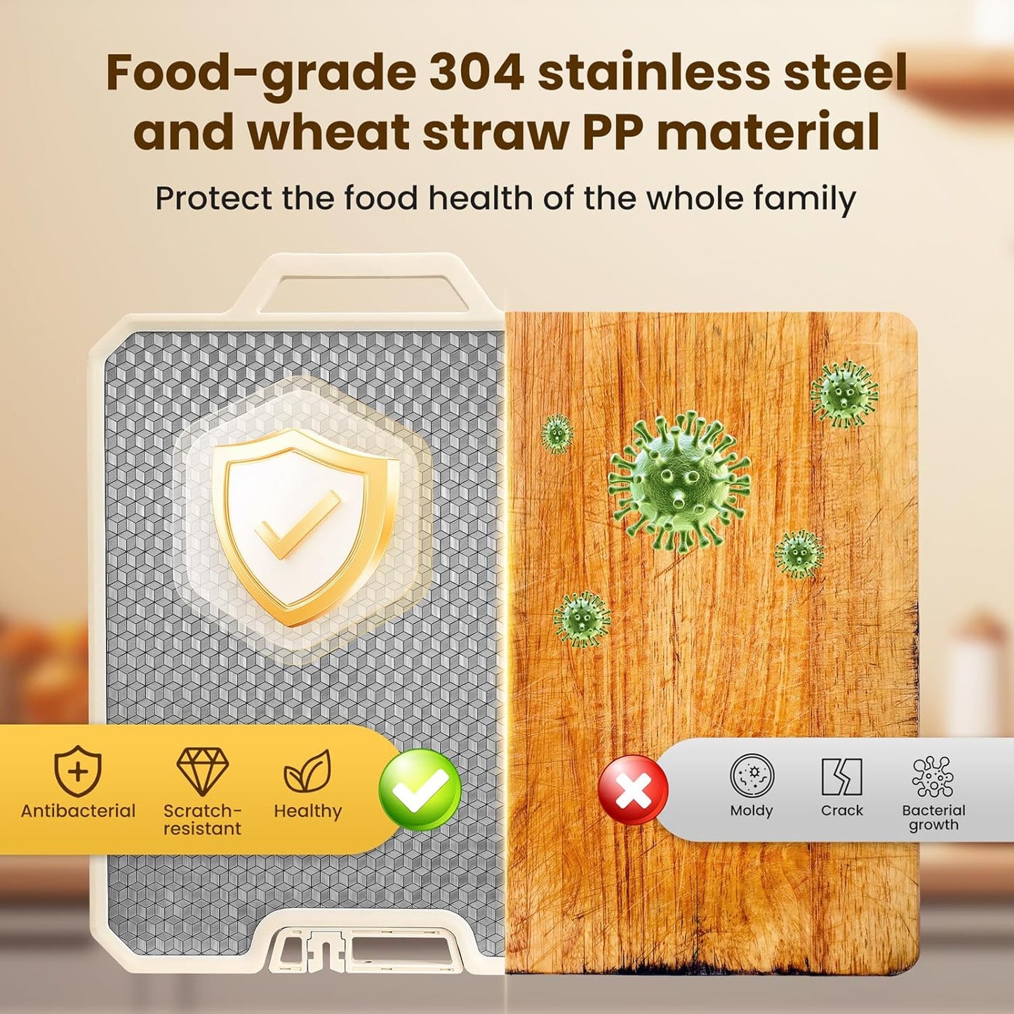 Double Sided Cutting Boards for Kitchen-16X 12 Inch 304 Stainless Steel & Wheat Straw PP Cutting Board for Meat/Vegetable-Non Slip,Dishwasher Safe and Scratch Resistant Chopping Board Beige