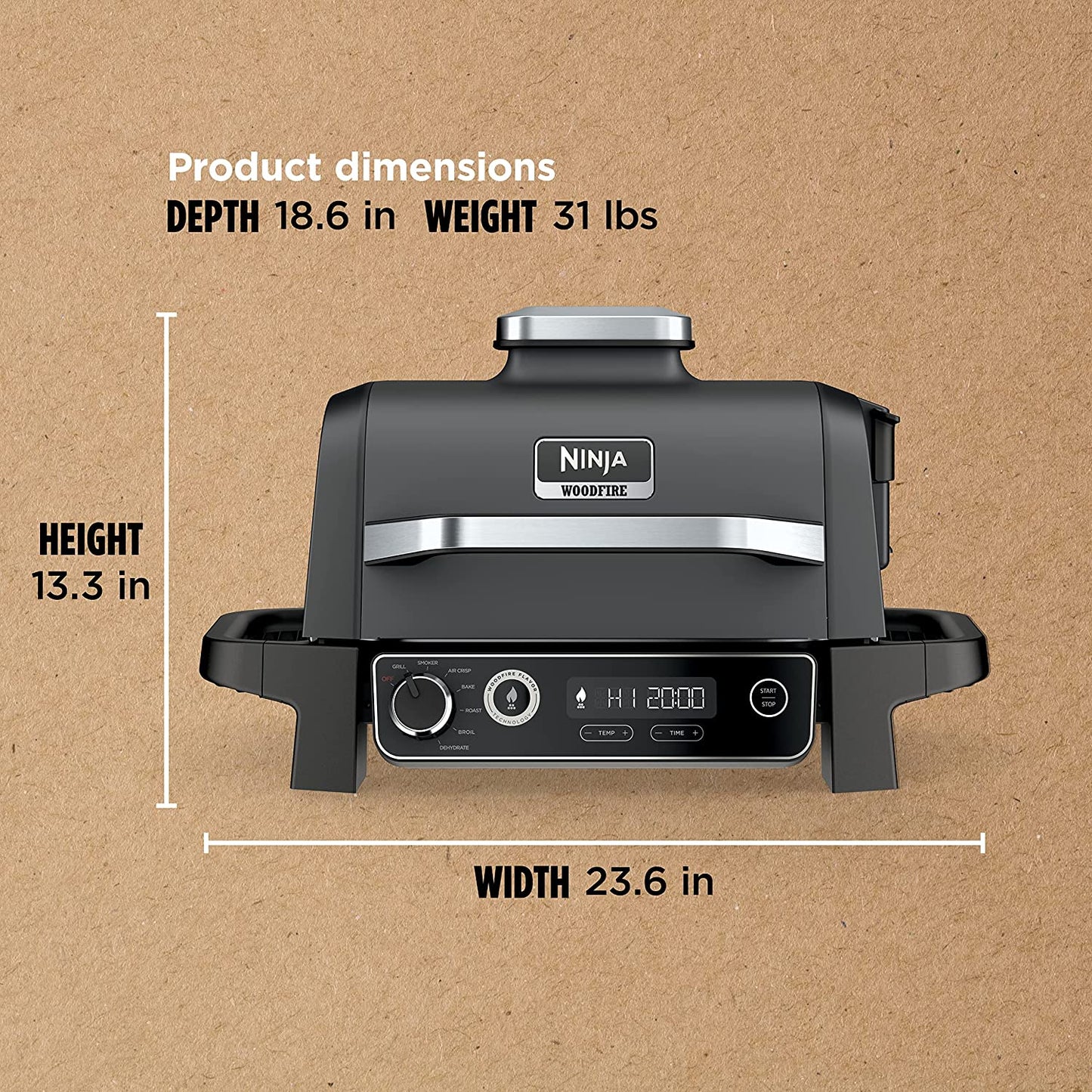 Ninja | Woodfire Series | 7-In-1 (Grill, BBQ, Roast, Air Fry, Dehydrate, Broil, Smoke) | Portable & Weather Resistant | Cook up to 6 Steaks & 30 Hot Dogs | Woodfire Pellets Included | OG701