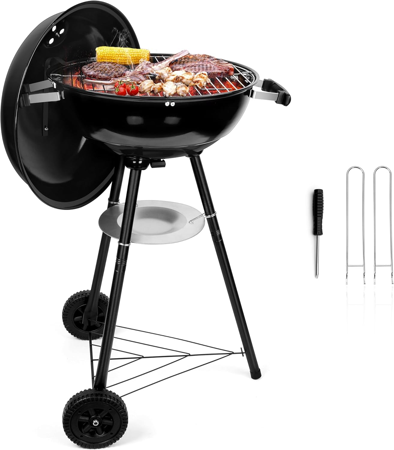 Hasteel 18 Inch Charcoal Grill, Black Kettle Outdoor Barbecue Grill, 2-In-1 Portable BBQ Grill with Wheels for Camping Backyard Patio Picnic, Porcelain-Enameled Lid & Fire Bowl, 254.SQ.IN Cooking Area