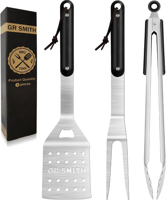 Grill Accessories, 3-Piece BBQ Accessories, GR Smith Stainless Steel Kitchen Set with Spatula, Tongs, & Fork - Perfect for Blackstone Outdoor Griddle, Camping…