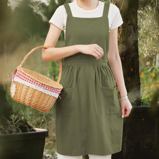 Cotton Linen Pinafore Apron Dress for Women with Pockets Cute Art Chef Aprons for Kitchen Baking Gardening Painting