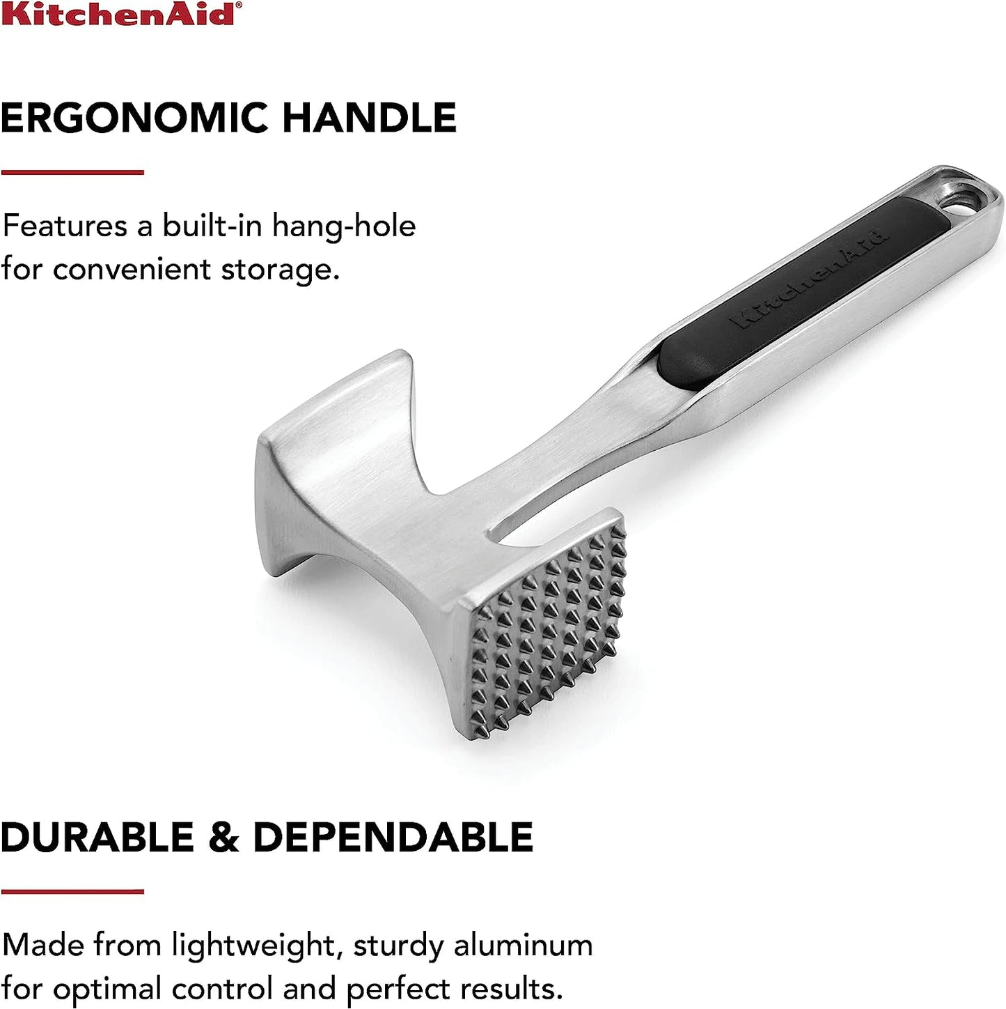 Kitchenaid Gourmet Multi Sided Meat Tenderizer for Pounding Meats, Nuts, Shellfish, Ect, Hang Hole for Easy Storage, Hand Wash, One Size, Black