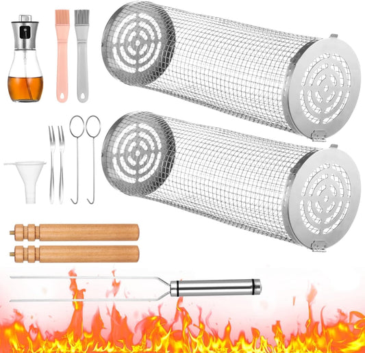 2 PCS Rolling Grilling Baskets for Outdoor Grill BBQ, Stainless Steel Cylinder Grill Mesh Barbeque Grill Accessories, Outdoor round BBQ Stainless Steel Grill Basket Campfire Grill Grid