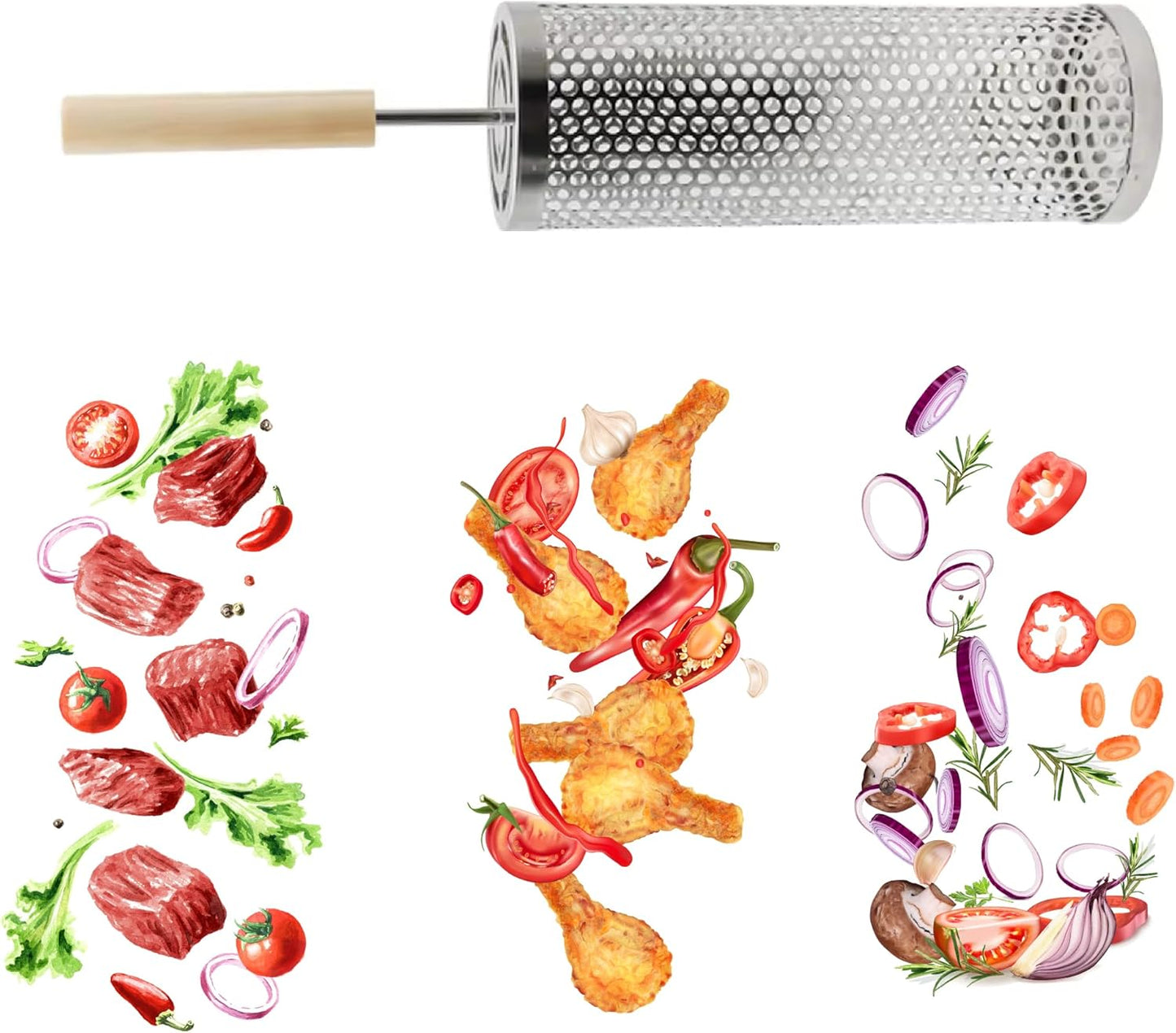 2Pcs Large Nesting Rolling Grill Baskets for Outdoor Grill, USA Based, Commercial Grade, 304 Stainless Steel BBQ round Grilling Baskets with Wood Handles Set with Oil Pourer/Brush and Grill Glove