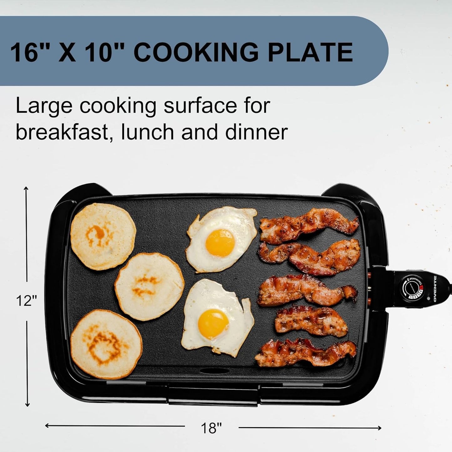 OVENTE Electric Griddle with 16 X 10 Inch Flat Non-Stick Cooking Surface, Removable and Adjustable Temperature Control, Indoor Grill for Instant Breakfast, Pancakes, Eggs or Burgers, Black GD1610B