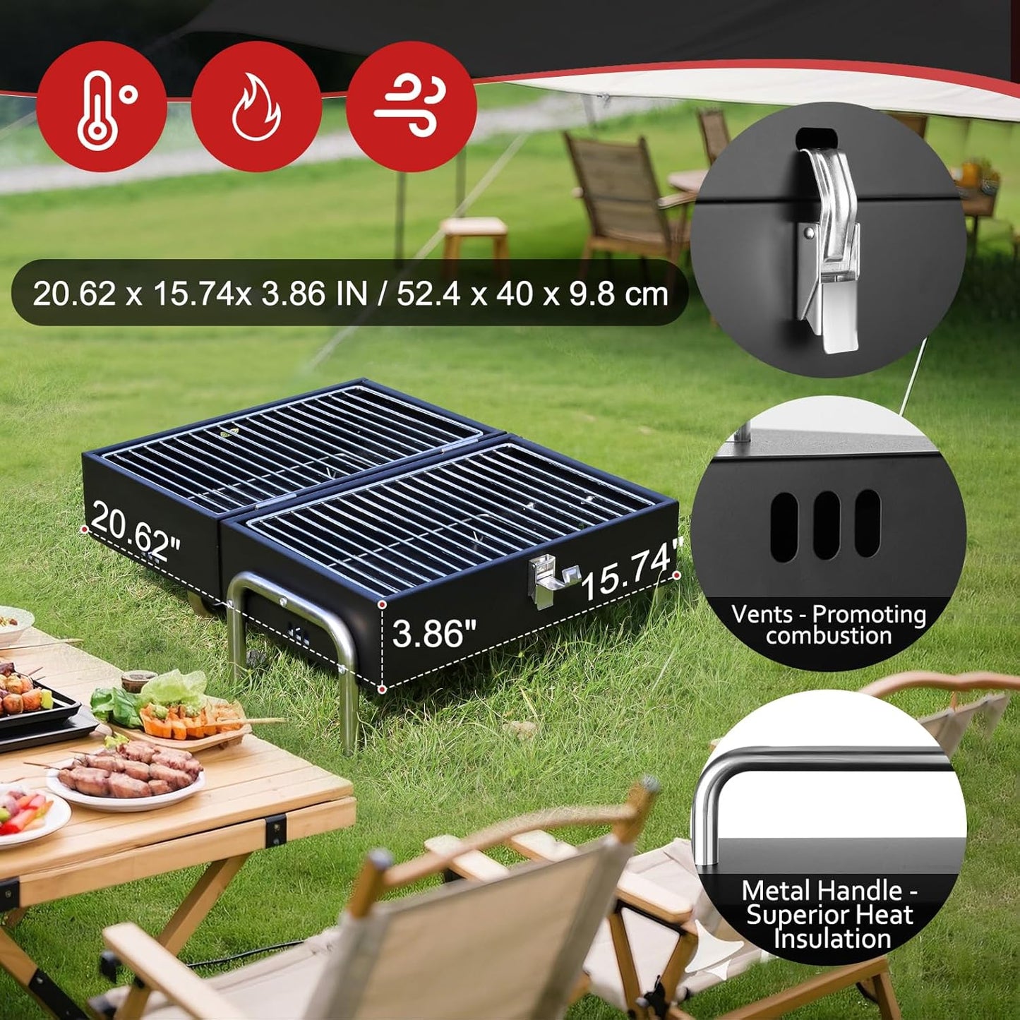 Portable Charcoal Grill, Table Top Small BBQ Grill for Outdoor, Camping, Beach, Easy Assembly, Heavy Duty & Multi-Use Small Grill, Black (270 Sq.In)