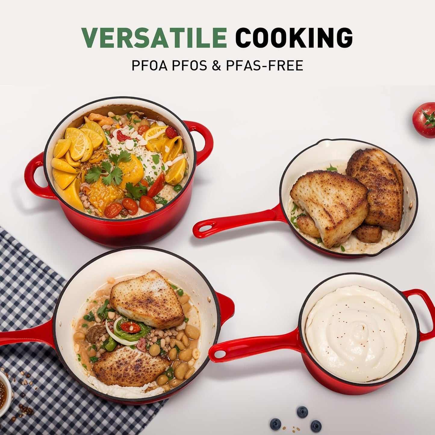Kitchen Academy Enameled Cast Iron Cookware Set - 7 Piece Pots and Pans Set Nonstick - Skillet, Deep Frying Pan, Wok,Saucepan and Dutch Oven, Heavy Duty Oven Safe up to 500° F or on All Stovetop