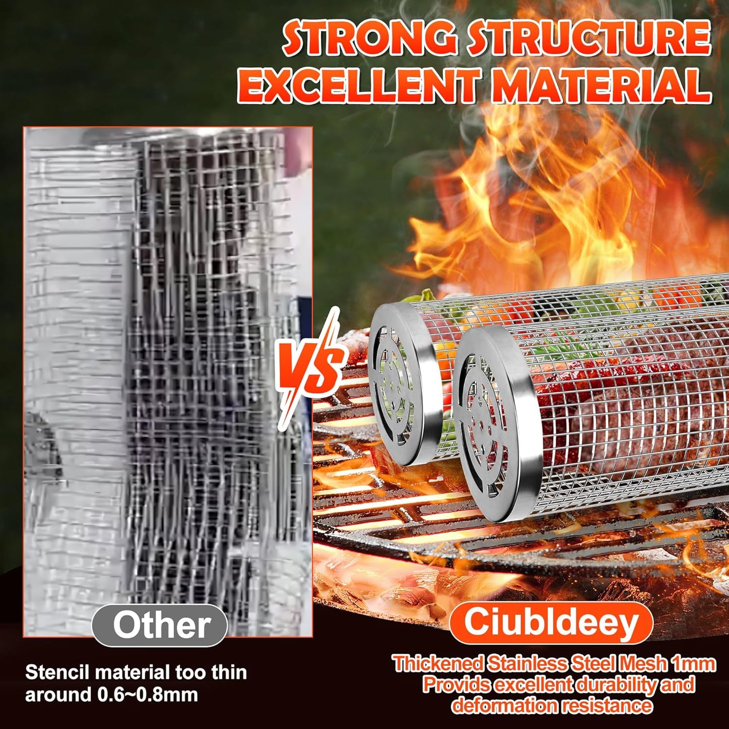 2PCS Stainless Steel Rolling Grill Baskets for Outdoor BBQ | Heavy-Duty Grilling Basket with Locking Handle | round Grill Accessories for Fish, Meat, Vegetables | BBQ Gifts for Men & Grill Enthusiasts
