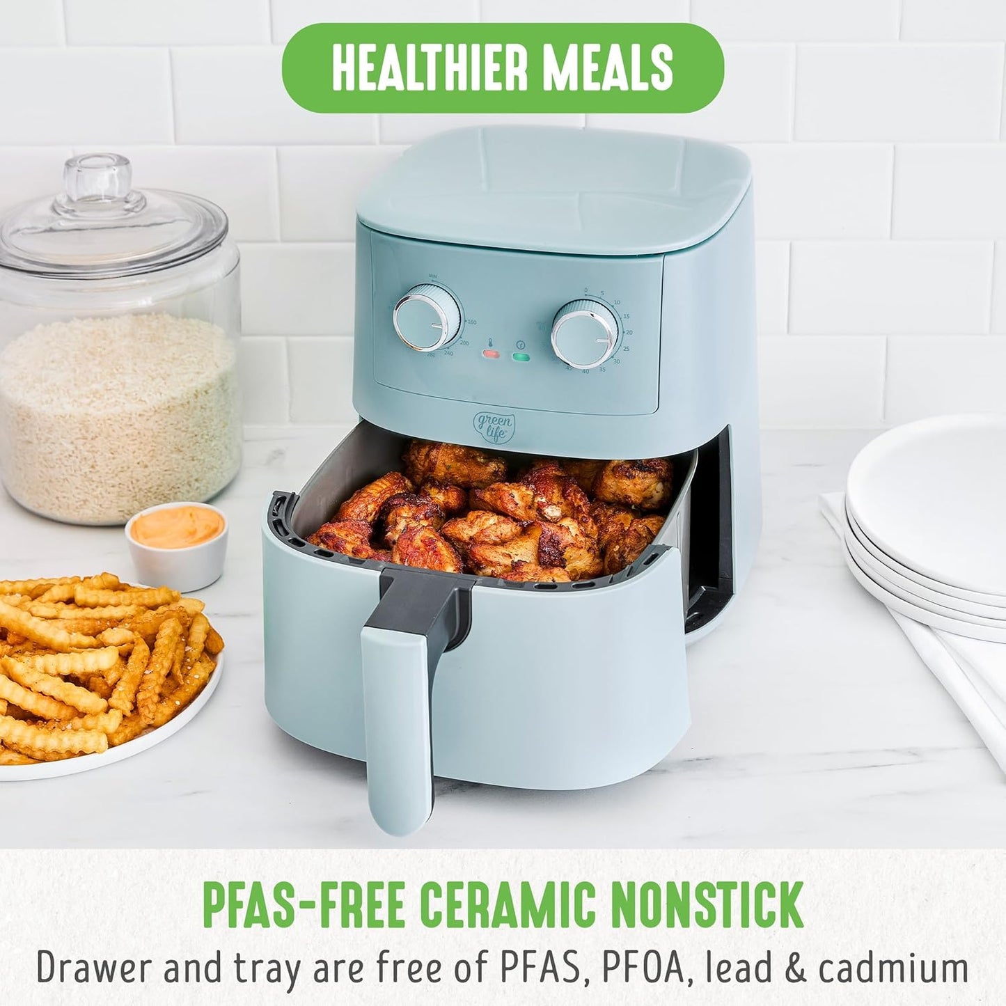Greenlife 4.5QT Mechanical Air Fryer, Pfas-Free Ceramic Nonstick Crisper Drawer, Adjustable Temperature Timer Dial, LED Indicator, Holiday Gifting, Dishwasher Safe, Kitchen Essential, Blue Haze