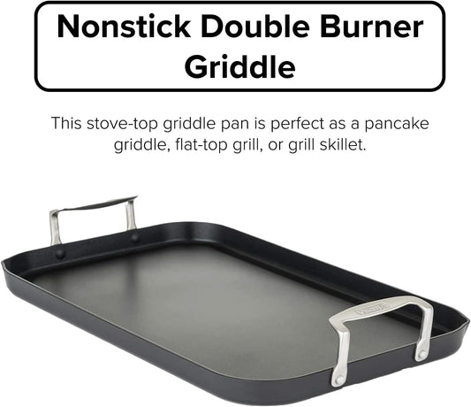 Viking Non Stick Double Burner Griddle, Hard Anodized Nonstick Kitchen Cookware Grill Pan with Handles, Oven Safe, Works on Electronic, Ceramic, and Gas Stove Tops, 19 X 11 Inch