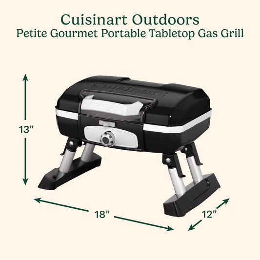Cuisinart Petite Gourmet Portable Gas Grill, Compact & Lightweight Tabletop Small Grill for Bbqs, Camping, Tailgates & Small Spaces, 5,500 BTU Burner Folding with Carry Handles, Black