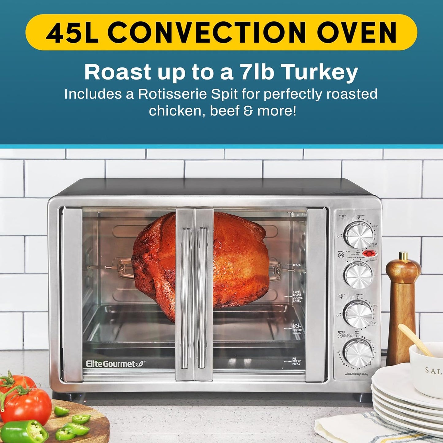 Elite Gourmet ETO-4510M French Door 47.5Qt, 18-Slice Convection Oven 4-Control Knobs, Bake Broil Toast Rotisserie Keep Warm, Includes 2 X 12" Pizza Racks, Stainless Steel