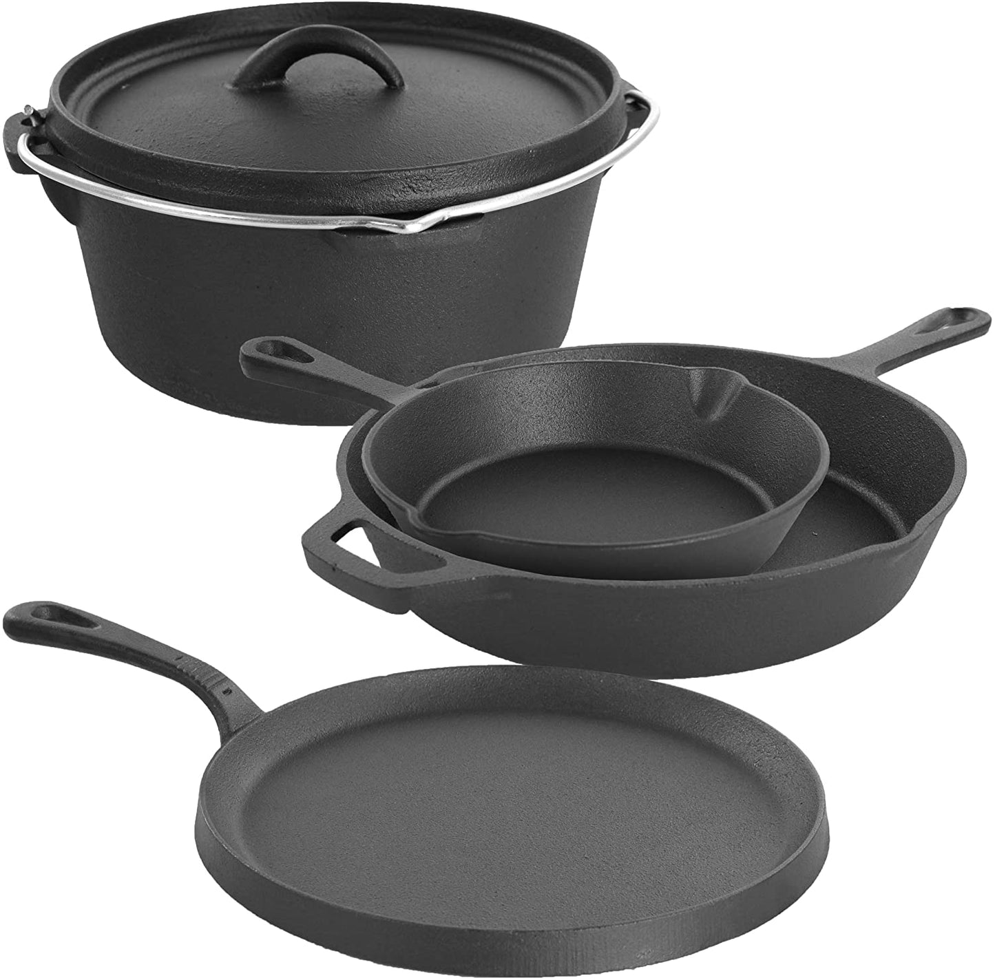 Megachef Assorted Pre-Seasoned OVEN SAFE, Cast Iron Cookware Set, 5 Piece, Black