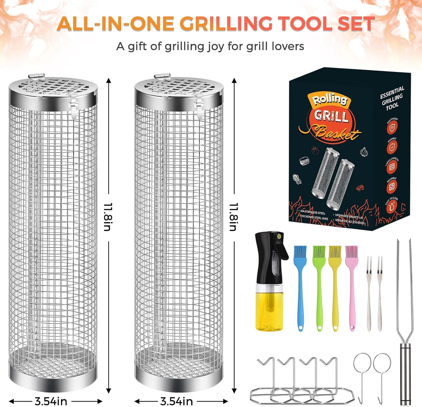 Rolling Grilling Basket, 2 PCS BBQ Grill Basket, Stainless Steel Grill Mesh with Grilling Accessories, Portable Outdoor Camping BBQ Grill Nets Cylinder for Fish, Shrimp, Vegetables, Meat