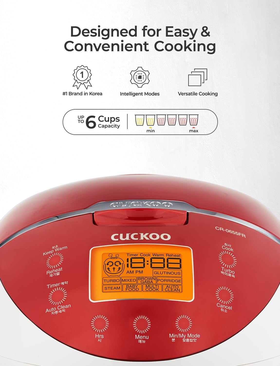 Cuckoo CR-0655F Rice Cooker & Warmer, 6 Cups, LCD Display 11-Menu Options - White, Turbo, Mixed, and Brown/Gaba Rice, Porridge, Steam Multi Cook, My Mode, 16-Various Cooking Methods, Sm, Red/White