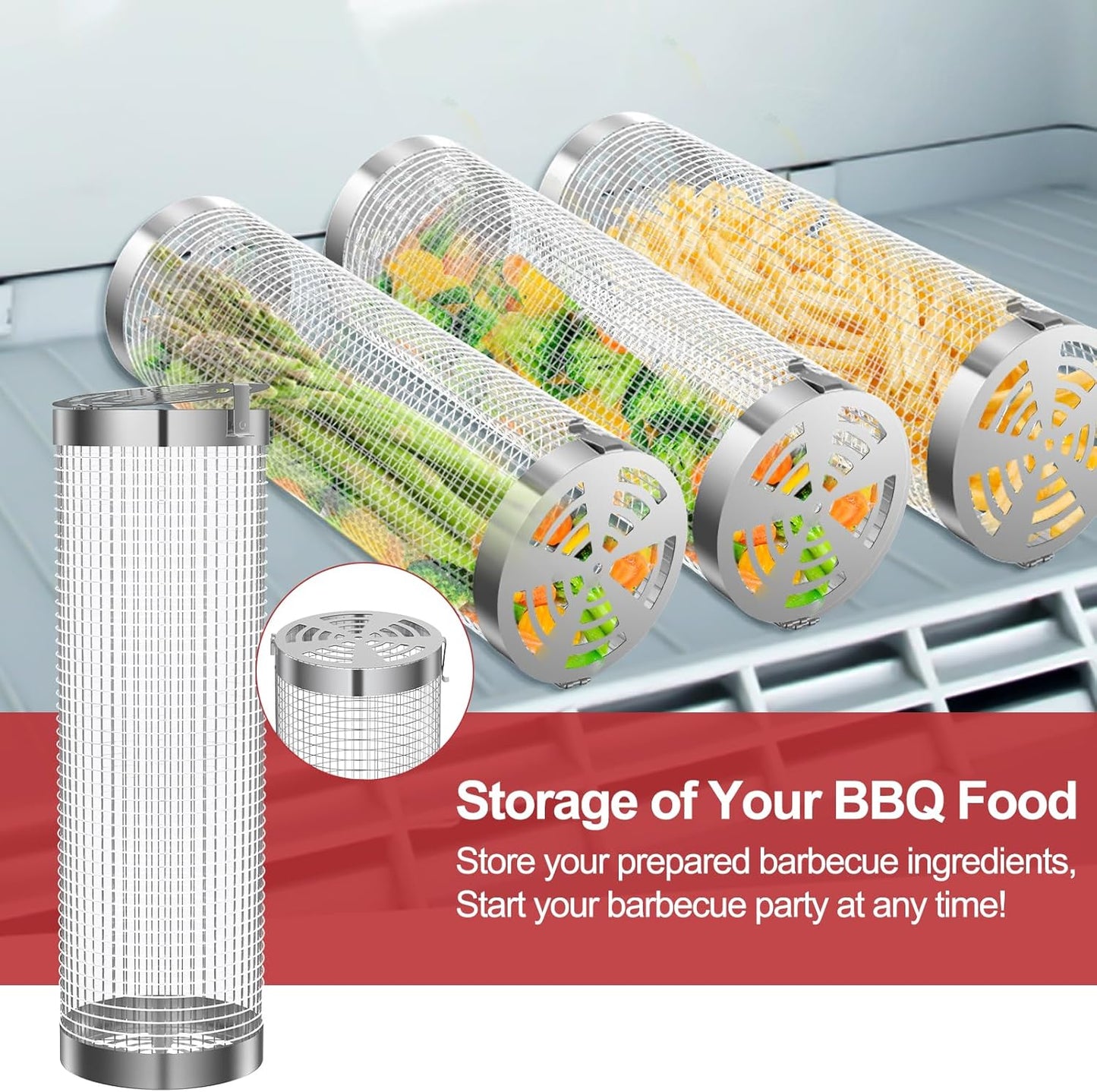 Grill Basket 2 PCS, Rolling Grill Baskets for Outdoor Grill, Grilling Accessories, Stainless Steel BBQ Net Tube Baskets with Oil Sprayer for Veggies, Shrimp, Grilling Gifts for Men