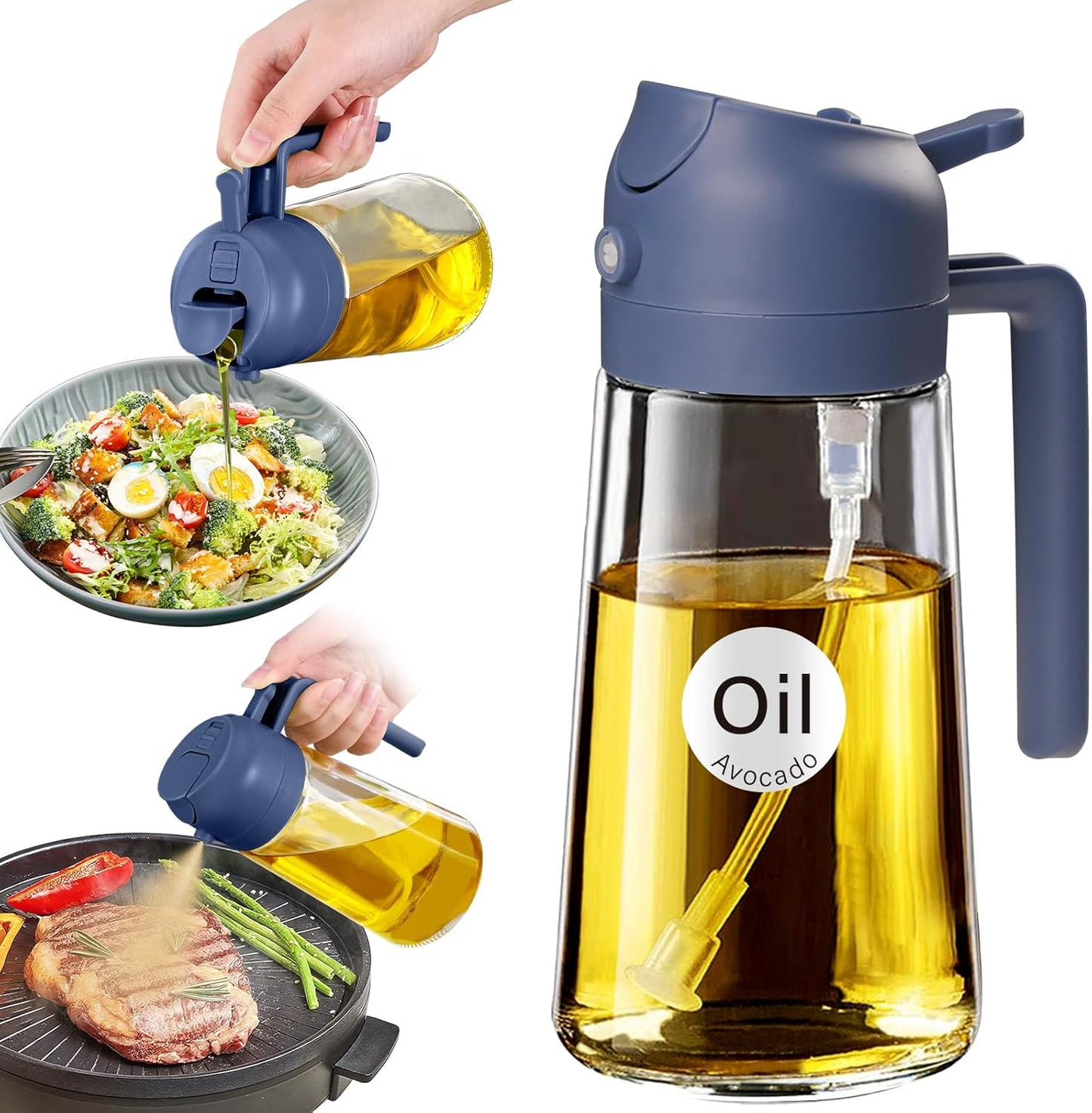 YRRAMATE 16Oz/470Ml Glass Olive Oil Sprayer for Cooking with Stickers, 2 in 1 Oil Dispenser for Kitchen Gadgets, Food Grade Premium Spray Bottle with Portion Control for Salad, BBQ (Navy)