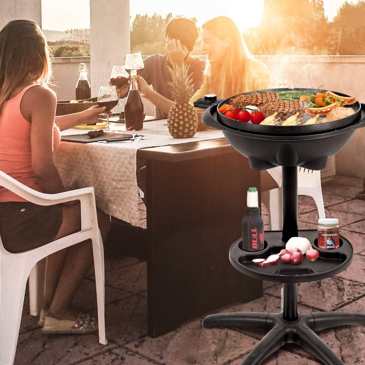 Giantex Electric Grill Indoor Outdoor, Non-Stick Grill Griddle Plate, 3 Cooking Zones, Temperature Control, Drip Tray, 1350W 200Sq.In BBQ Grill for Balcony Apartments Backyard Party Camping (Black)