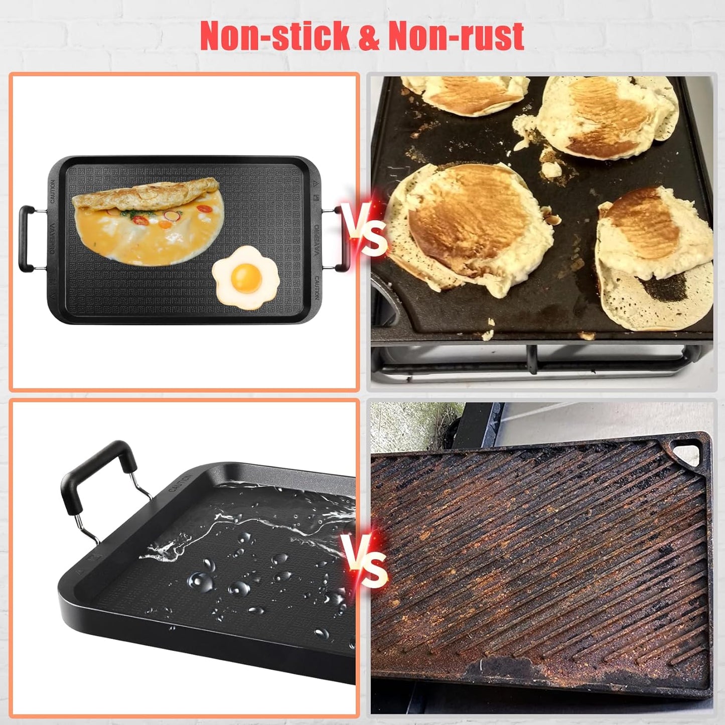 Vayepro 2 Burner Griddle Pan with Glass Lid, Stove Top Flat for Glass Stove Top, Aluminum Pancake, Non-Stick for Gas Grill, Double Burner Camping