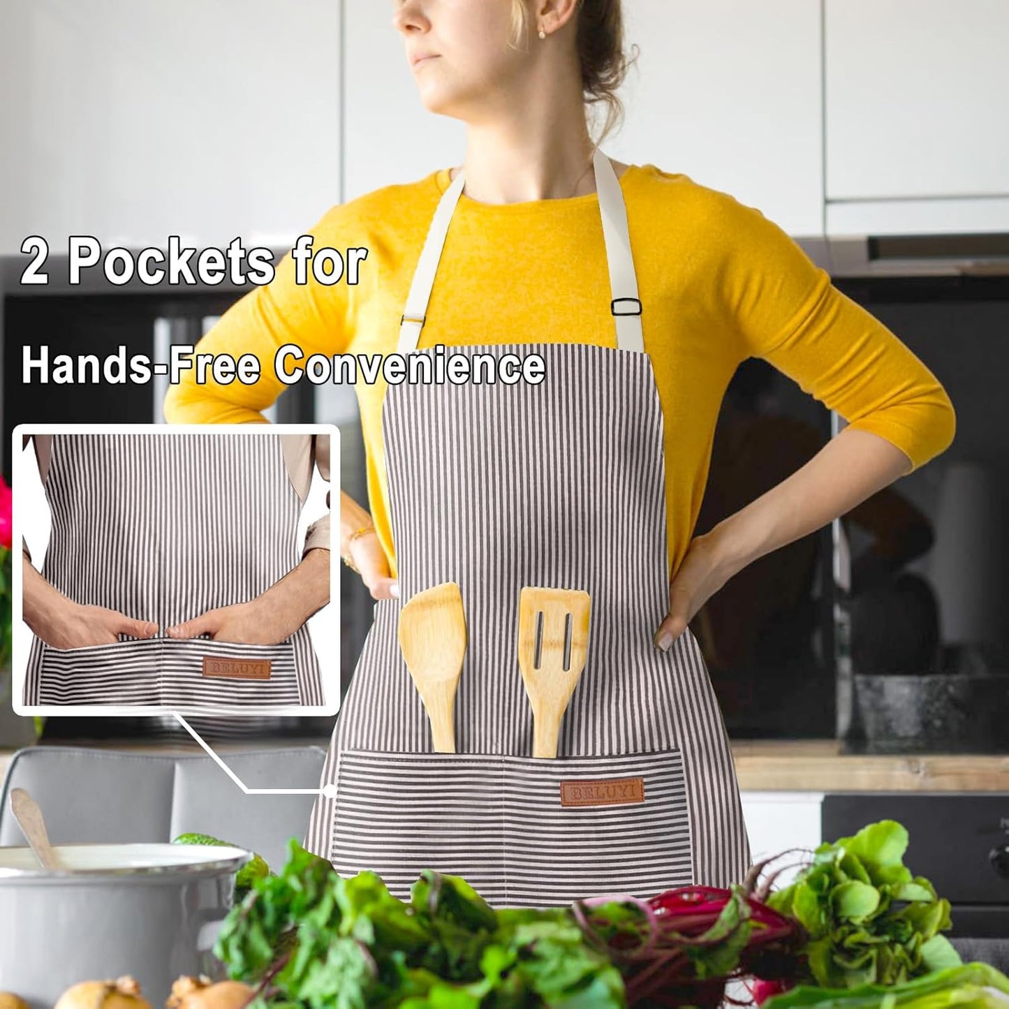 Adjustable Bib Apron with 2 Pockets Chef Cooking Kitchen Restaurant Aprons for Women Men