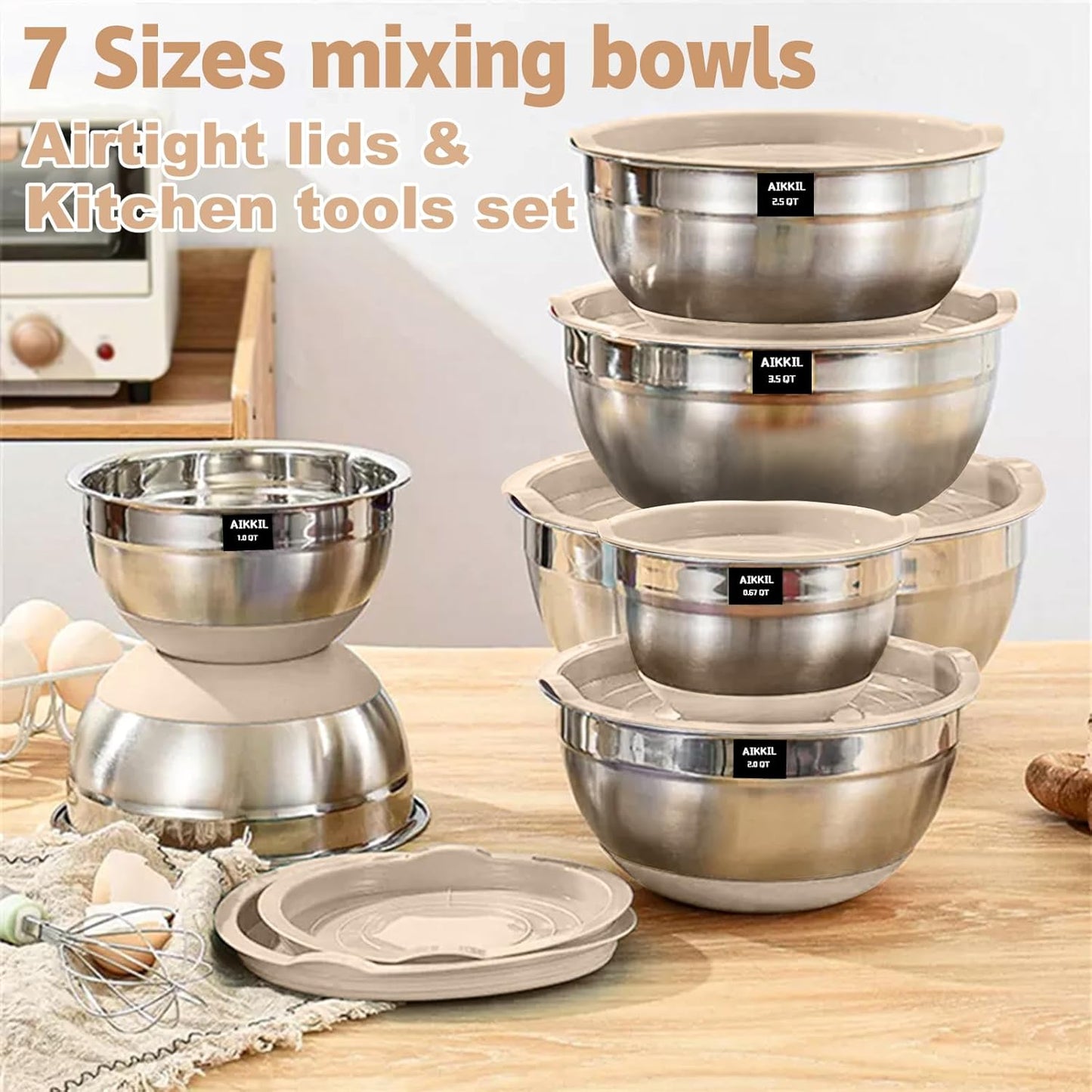 Mixing Bowls with Airtight Lids, 20 Piece Stainless Steel Metal Nesting Bowls, Non-Slip Silicone Bottom, Size 7, 3.5, 2.5, 2.0,1.5, 1,0.67QT Great for Mixing, Baking, Serving (Khaki)
