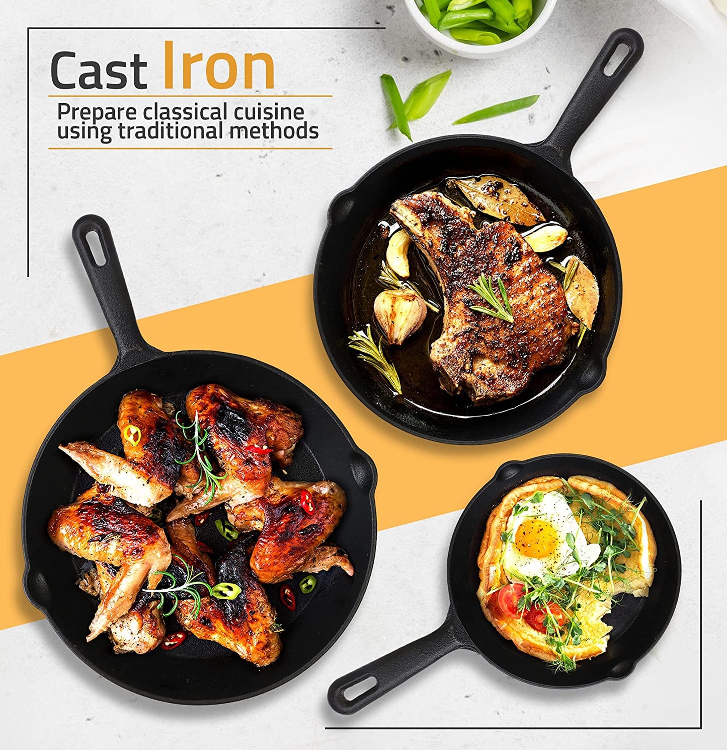 Utopia Kitchen Cast Iron Skillets 3 Piece Set, Chefs Pan, Pre Seasoned Cast Iron Skillets, 6, 8 & 10 Inches, Easy Use in the Oven, Stove, Grill, or Campfire, Black