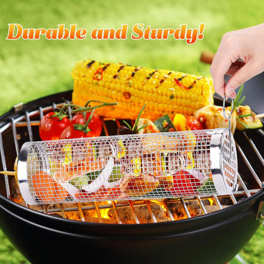 Rolling Grill Baskets, 2Pack Outdoor Veggies Grill BBQ Net Tube Tools Set, Stainless Steel round Mesh Rotation Barbecue Cylinder Cage Camping Cooking Accessories for Shrimp, Meat