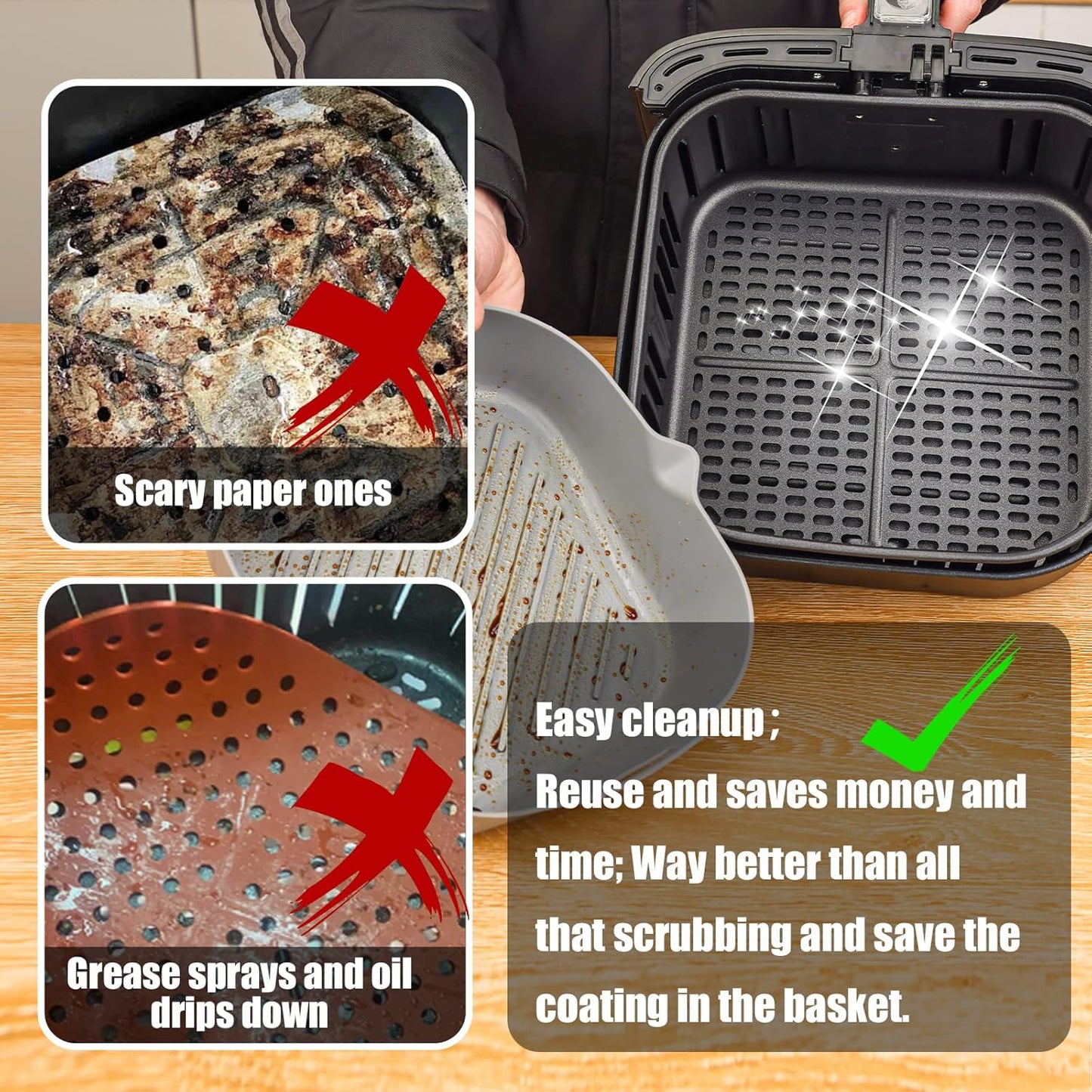 Silicone Liners Square for Air Fryer, 2 Pcs Non-Stick Food-Grade Reusable Basket Silicone Pot Baking Tray Airfryer Accessories, Top Size 8 Inches, Bottom Size 7 Inches