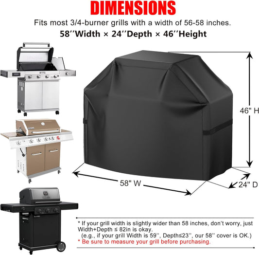Grill Cover, 58 Inch Heavy Duty BBQ Gas Grill Cover for Outdoor Grill, Waterproof, Weather Resistant, Anti-Uv, Rip-Proof, Fade Resistant Barbecue Cover with Hook-And-Loop Straps for Most Grills