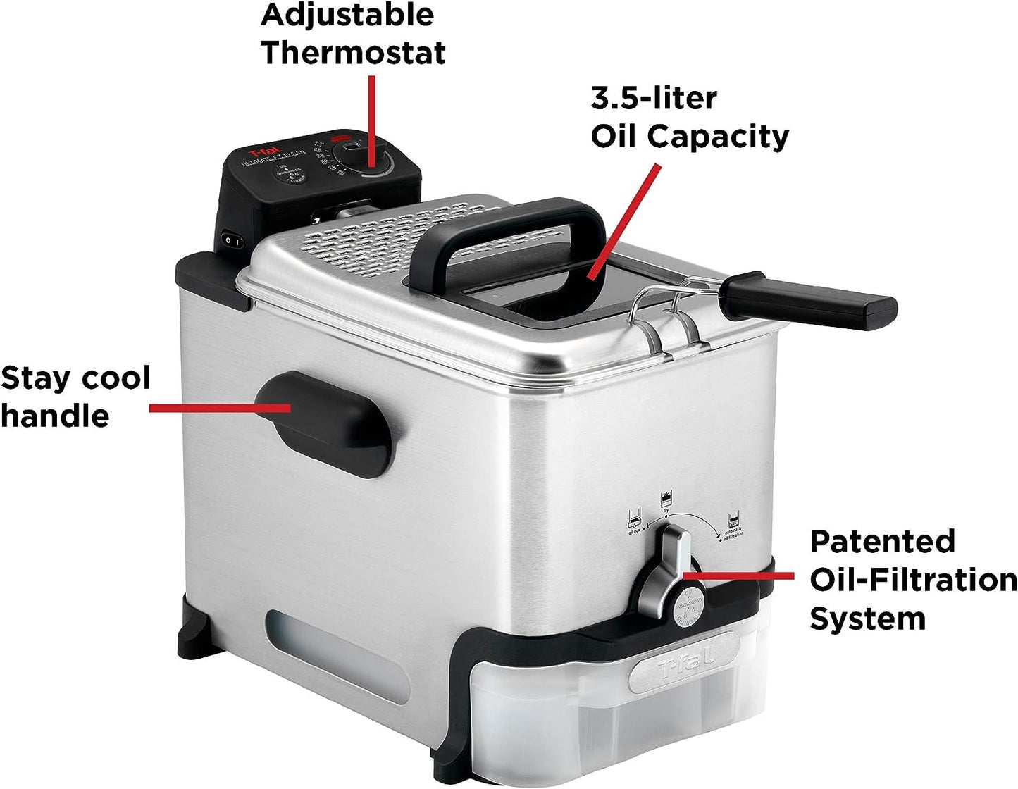 T-Fal 3.5L Deep Fryer with Oil Filtration System: 1700W Stainless Steel Fryer, Dishwasher Safe Parts, Digital Timer, Adjustable Temperature Control for Perfect Golden Crispy Results