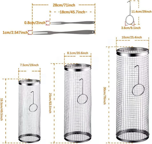 BBQ Net Tube-Rolling Grilling Basket,Rolling Grilling Baskets for Outdoor Grilling,Round Stainless Steel BBQ Grill Mesh, Camping Barbecue Rack for Vegetables, French Fries, Fish
