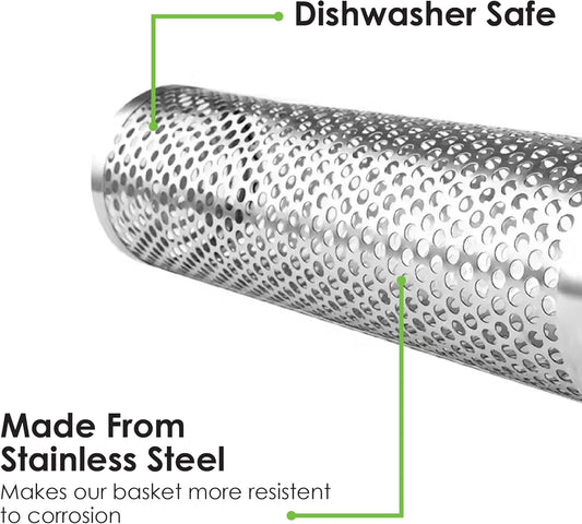 2Pcs Large Nesting Rolling Grill Baskets for Outdoor Grill, USA Based, Commercial Grade, 304 Stainless Steel BBQ round Grilling Baskets with Wood Handles Set with Oil Pourer/Brush and Grill Glove