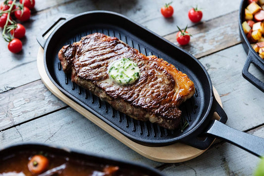 Ooni Cast Iron Grizzler Pan - Grill Frying Pan, 12" X 6" Griddle Plate with Removable Handle and Bamboo Trivet, Pre-Seasoned Non-Stick Oven Safe Cookware, Pizza Oven and BBQ Accessories