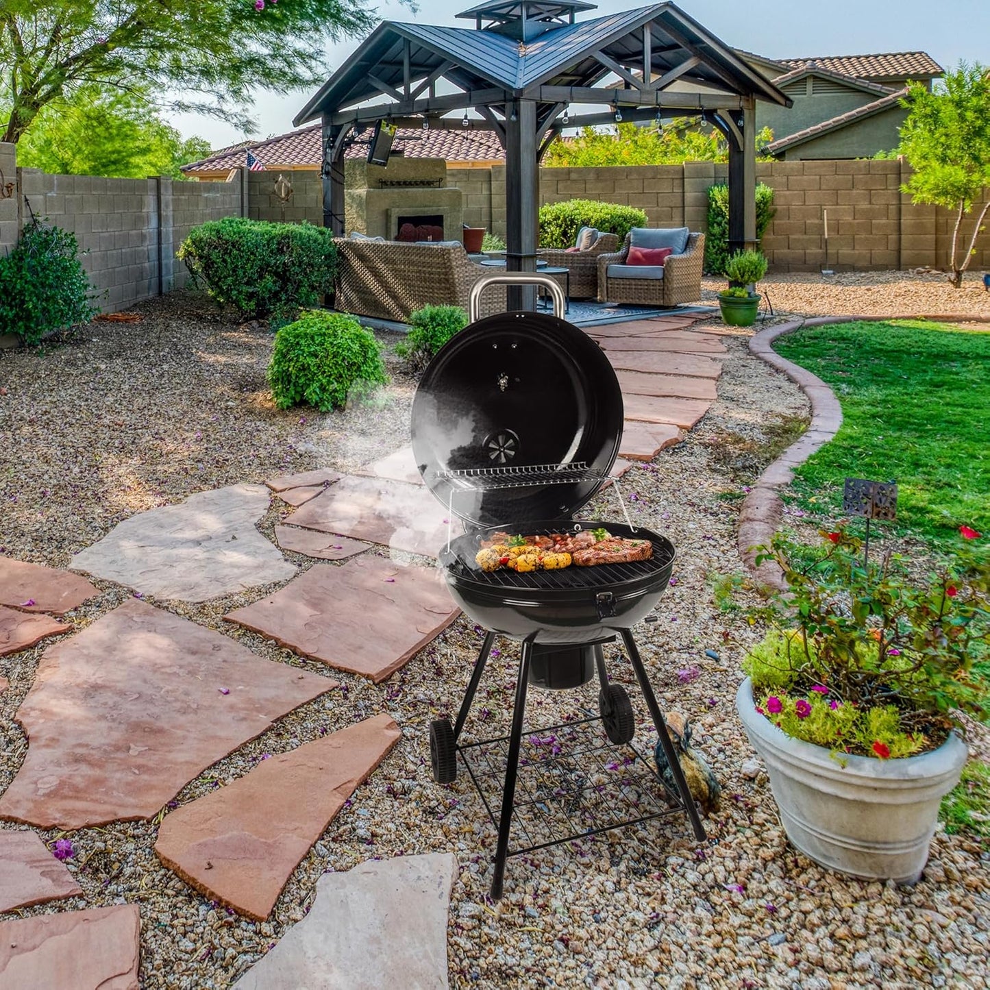Grill Boss 22 Inch Kettle Charcoal Grill, Porcelain Steel Lid, Large Cooking Area, Black
