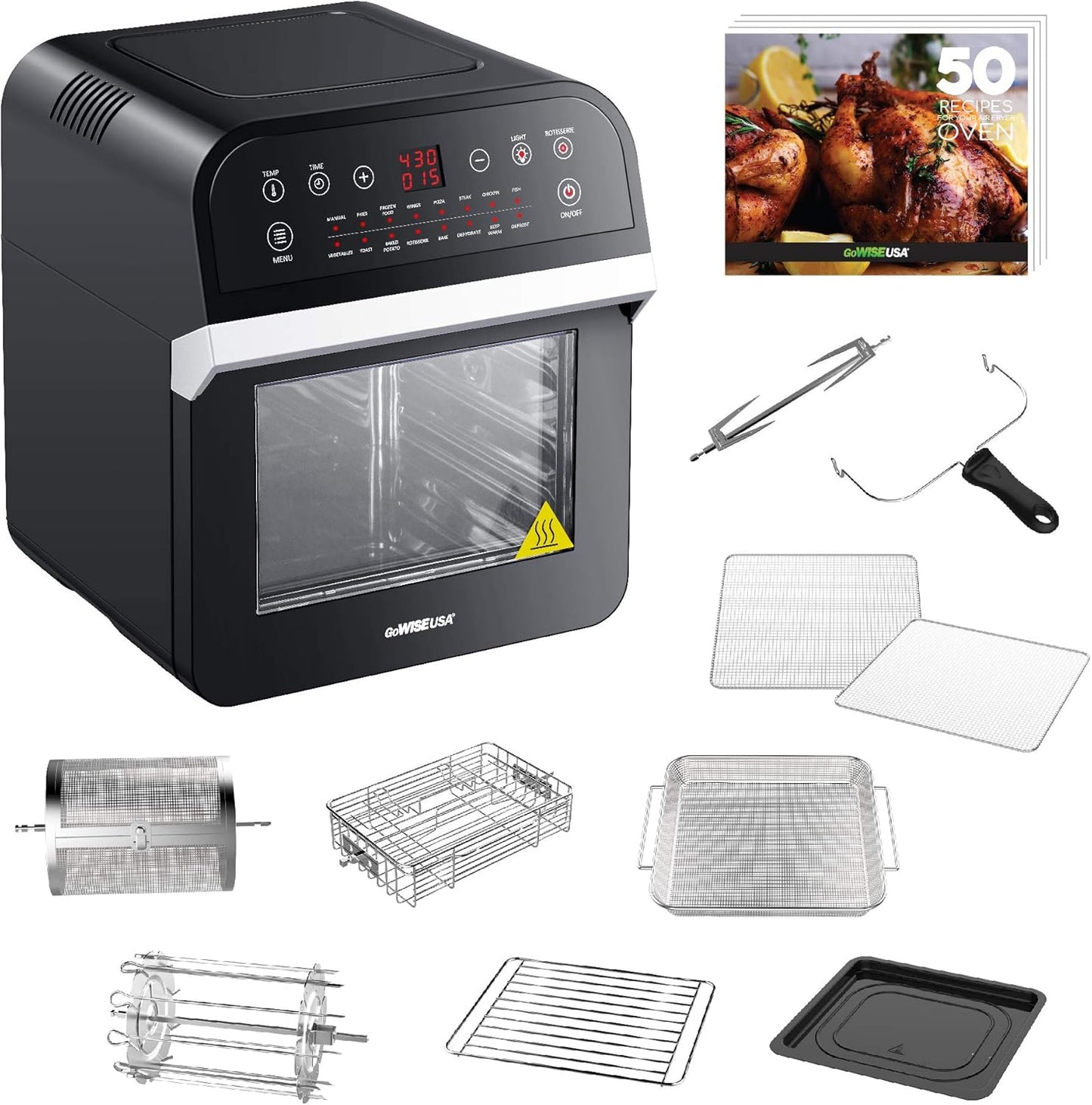 Gowise USA GW44800-O Deluxe 12.7-Quarts 15-In-1 Electric Air Fryer Oven with Rotisserie and Dehydrator + 50 Recipes QT, Black/Silver