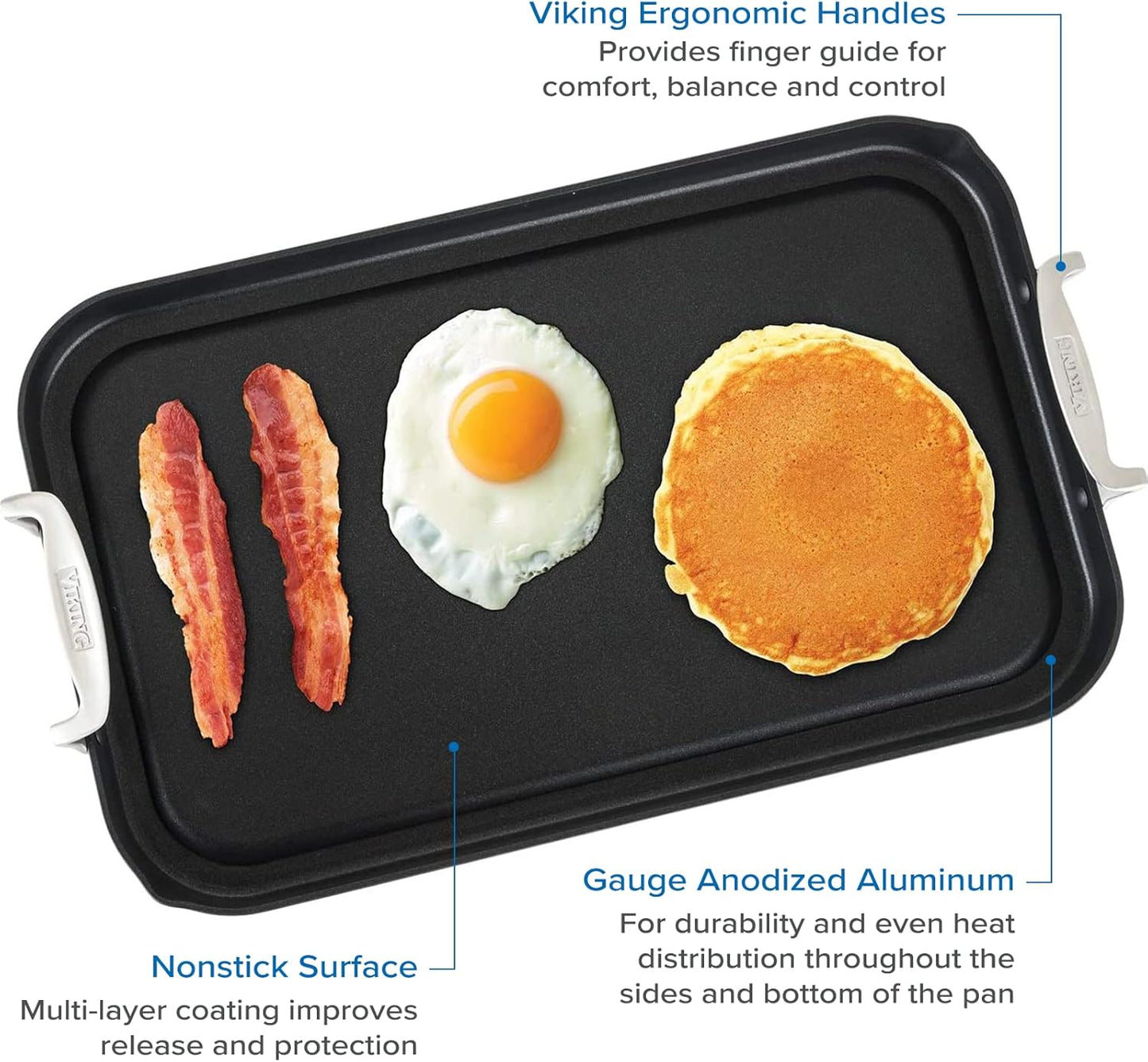 Viking Non Stick Double Burner Griddle, Hard Anodized Nonstick Kitchen Cookware Grill Pan with Handles, Oven Safe, Works on Electronic, Ceramic, and Gas Stove Tops, 19 X 11 Inch