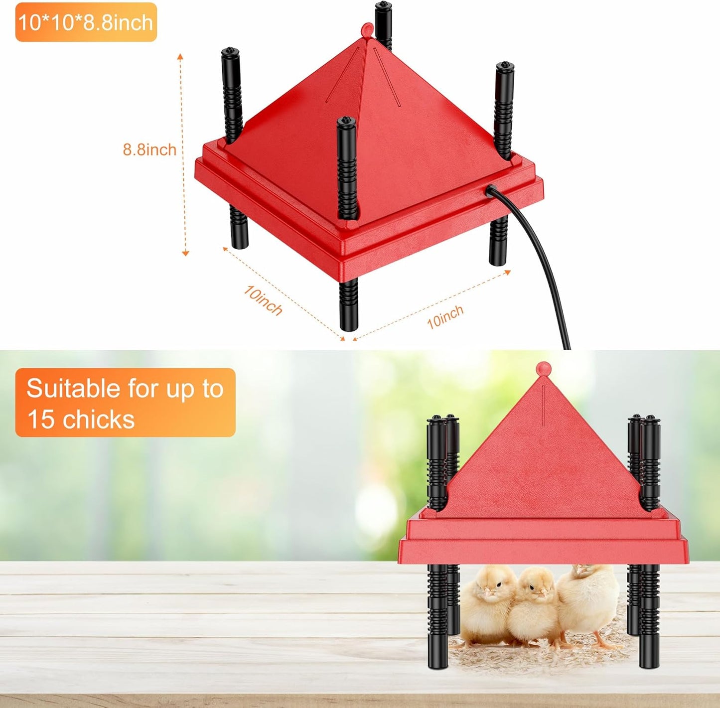 Brooder Plate for Chicks, 10" X 10" Chick Brooder Heater with Anti-Roost Cone Red