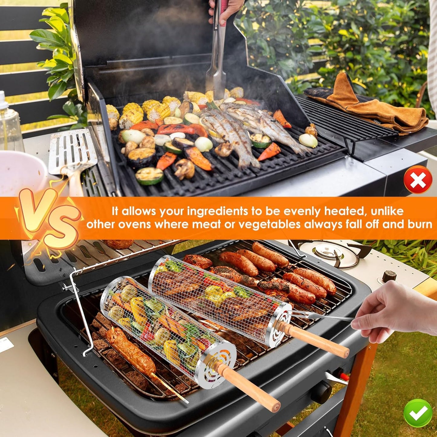 Rolling Grill Baskets for Outdoor Grill, Nesting Grill Baskets with Wood Handle Stainless Tube round Rolling Grill Net Rolling Basket for BBQ Cooking Camping