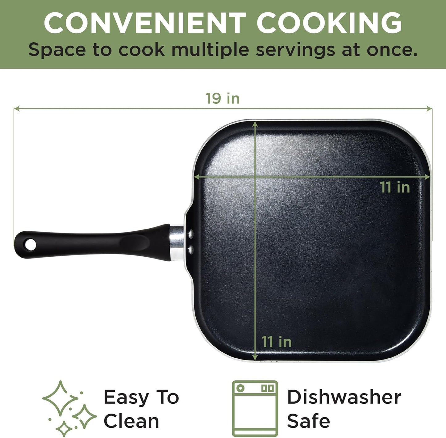 Ecolution Artistry Nonstick Square Griddle, Easy to Clean, Comfortable Handle, Even Heating, Dishwasher Safe Pots and Pans, 11-Inch, Black
