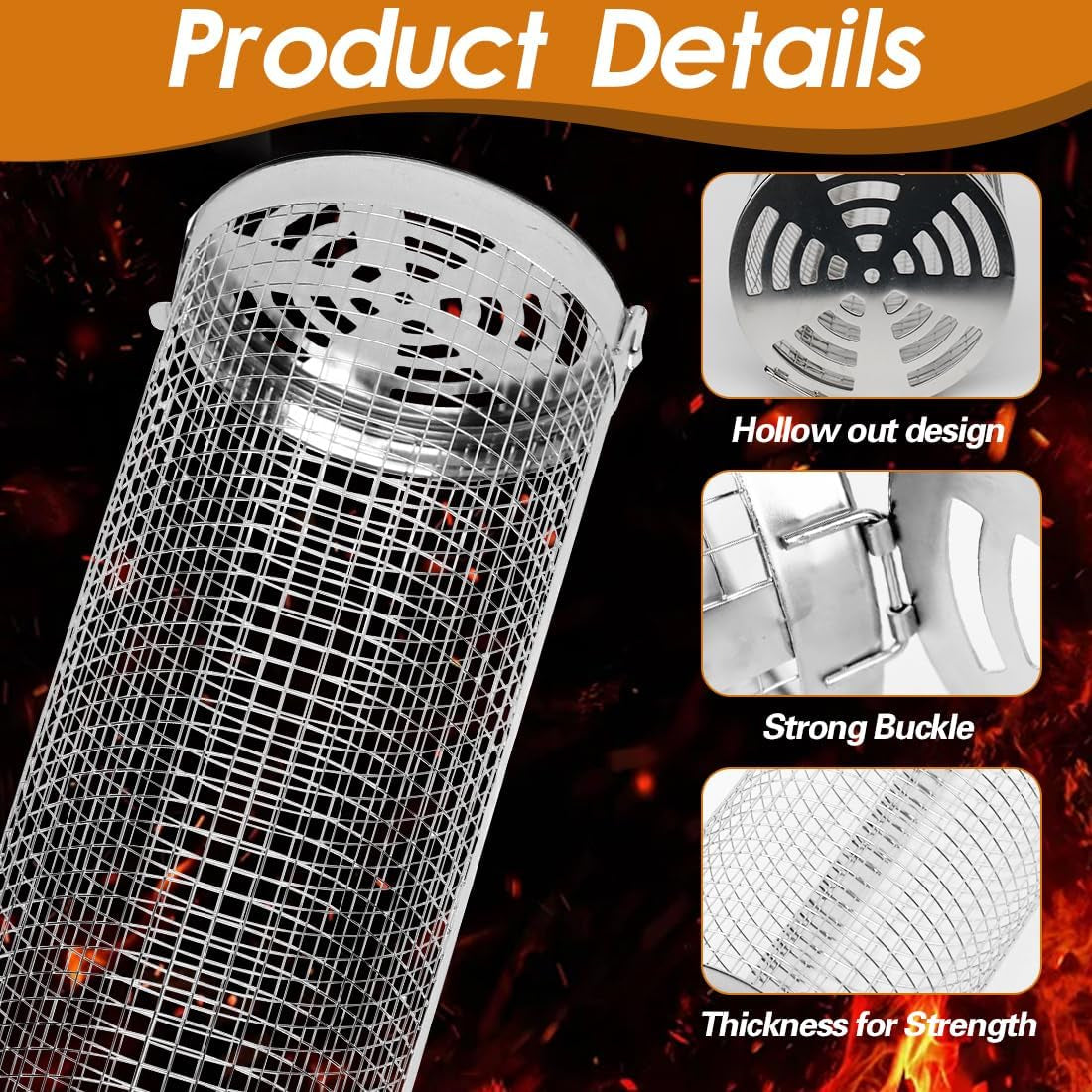 Rolling Grilling Baskets 2 PCS, Stainless Steel BBQ Net Tube Baskets with Oil Sprayer BBQ Accessories Tools for Vegetable Fish Meat Food Camping, Gifts for Men Dad and Husband