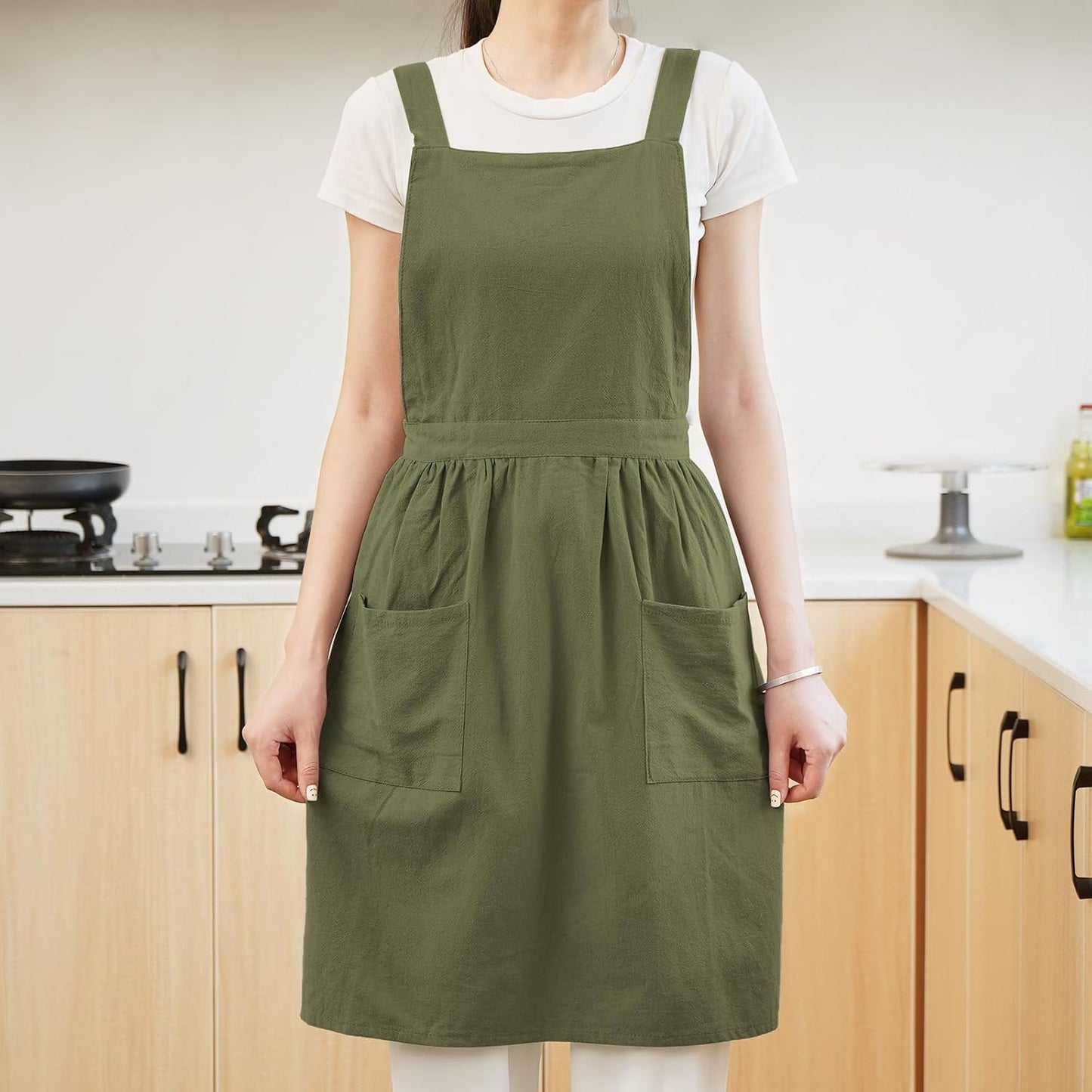 Cotton Linen Pinafore Apron Dress for Women with Pockets Cute Art Chef Aprons for Kitchen Baking Gardening Painting