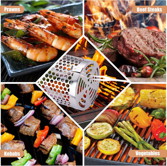 Grill Basket for Outdoor Camping,Bbq Grill Basket, Rolling Grilling Basket, Stainless Steel Grill Mesh Barbeque Grill Accessories, Portable Grill Baskets for Fish, Meat, Gifts for Men Dad Husband