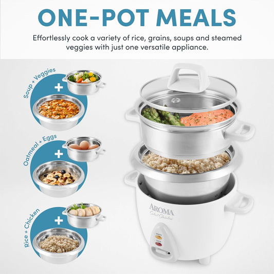 Aroma Housewares 6-Cup (Cooked Yield ) / 1.2Qt. Select Stainless Pot-Style Rice Cooker, & Food Steamer, One-Touch Operation, White