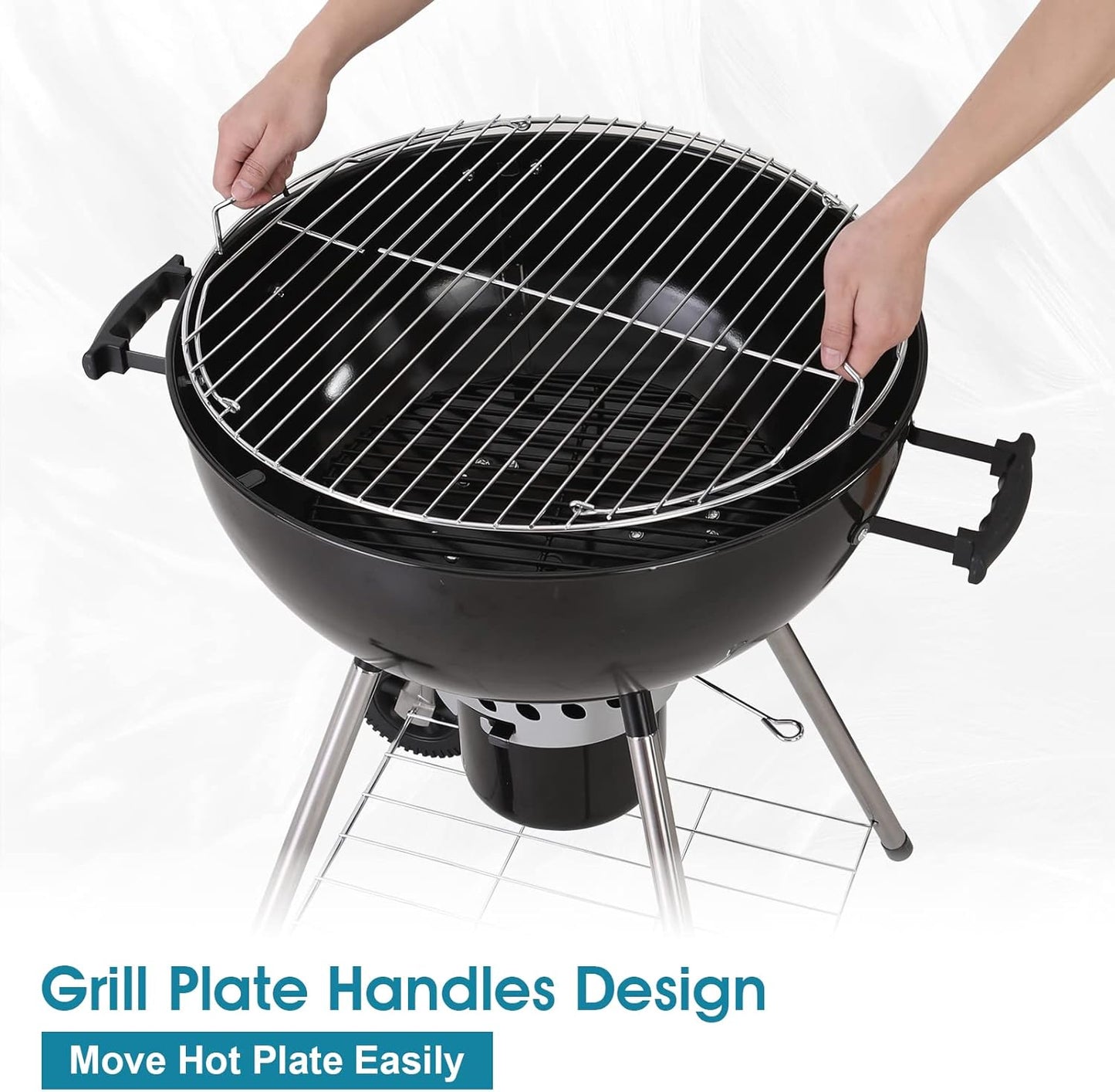 MFSTUDIO 22" Master Kettle Charcoal Grill, Premium Outdoor Barbecue Grill with Thermometers, Porcelain-Enameled Lid & Ash Catcher, Black