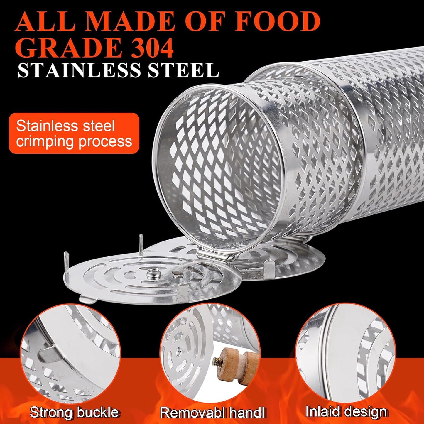 Rolling Grill Baskets(2 PCS),304 Stainless Steel with Removable Wooden Handle, Rolling Grilling Net for Vegetables, Shrimp, Fish, BBQ Accessories for Outdoor Cooking, Camping, Birthday Gifts for Men, Dad, Husband